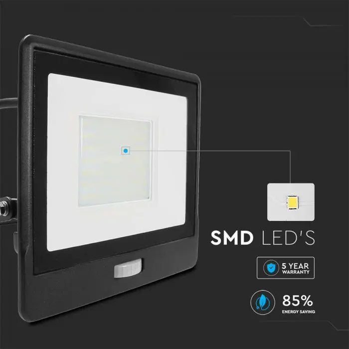 V-Tac 50W LED Floodlight Daylight PIR Samsung Chip 6500K- Black V-TAC
