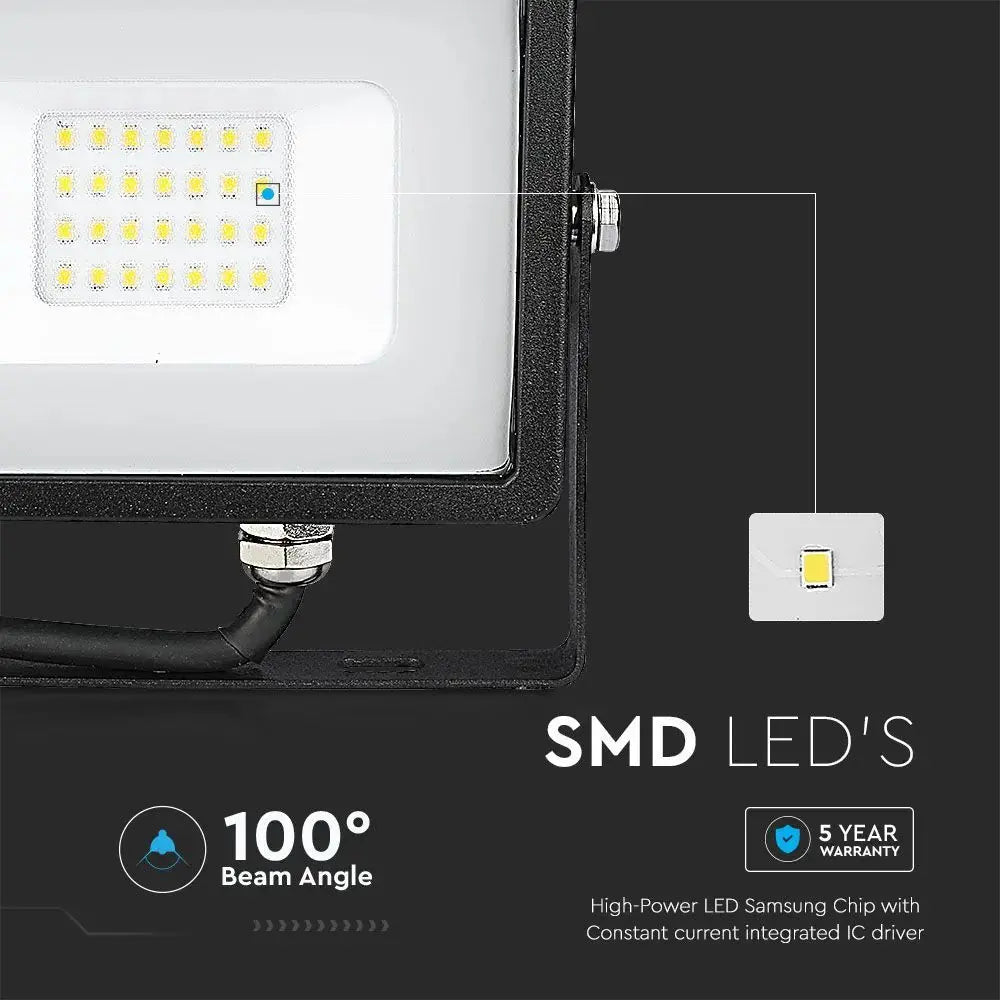 V-Tac 30W LED Floodlight Daylight Samsung Chip 6500K- Black V-TAC