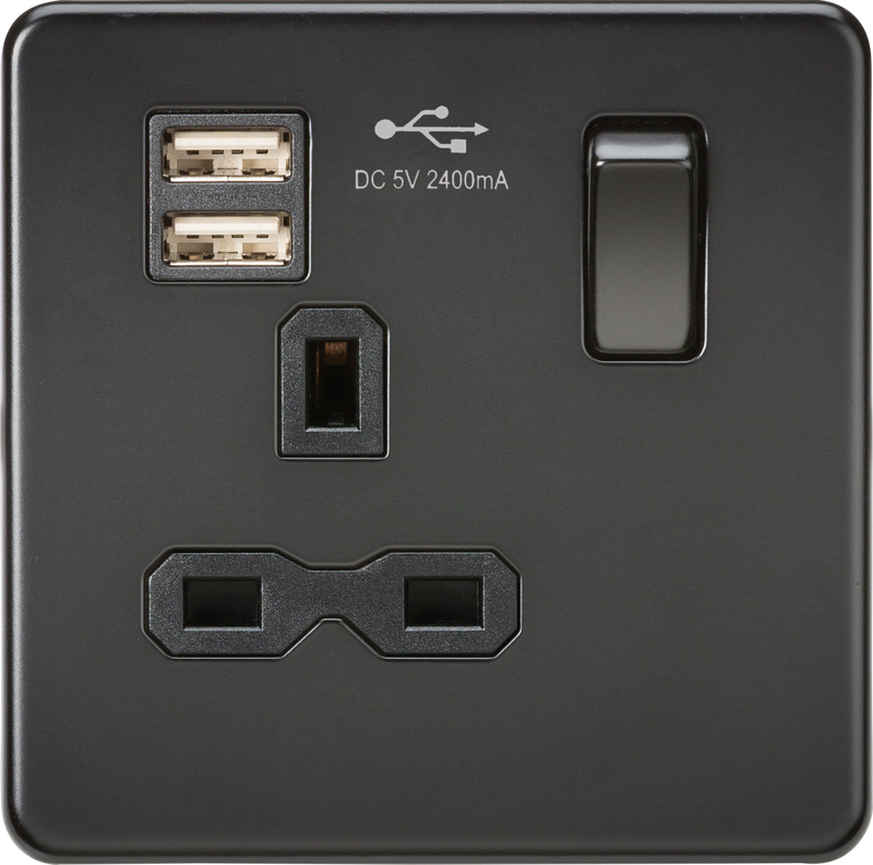 ML Knightsbridge Screwless Single Socket with Dual USB charger (2.4A) 13A 1 Gang Switched - Matt Black