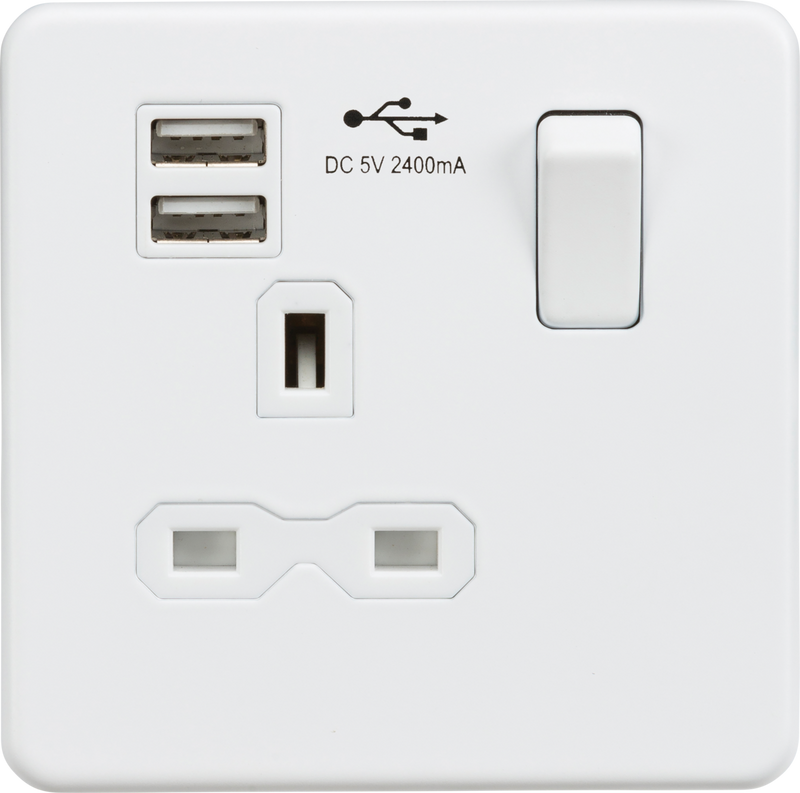 ML Knightsbridge Screwless  Single Socket with Dual USB charger (2.4A) 13A 1 Gang Switched - Matt White