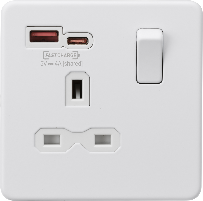 ML Knightsbridge Screwless Single Socket with Dual USB Fast Charge A+C 13A 1 Gang Switched - Matt White