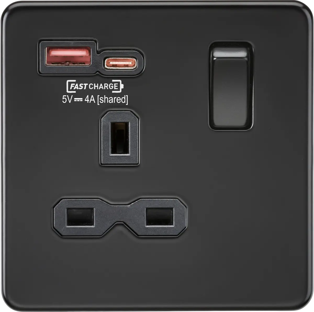 ML Knightsbridge Screwless Single Socket with Dual USB Fast Charge A+C 13A 1 Gang Switched - Matt Black ML Knightsbridge