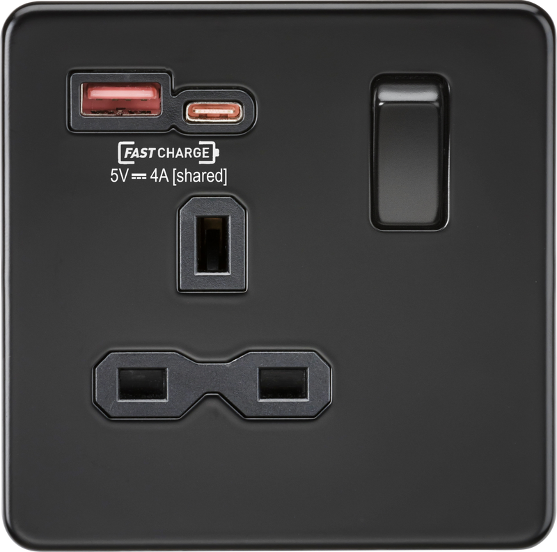 ML Knightsbridge Screwless Single Socket with Dual USB Fast Charge A+C 13A 1 Gang Switched - Matt Black