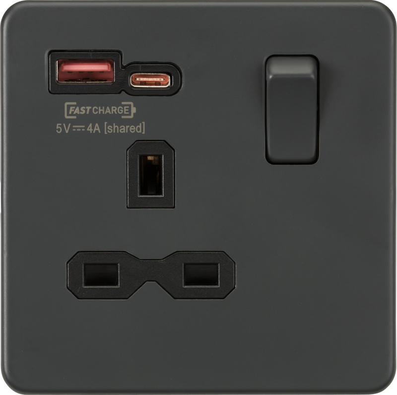 ML Knightsbridge Screwless Single Socket with Dual USB Fast Charge A+C 13A 1 Gang Switched - Anthracite