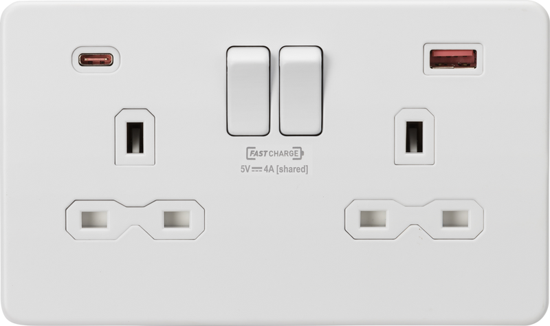 ML Knightsbridge Screwless Double Socket with Dual USB C+A Fast Charge 13A 2 Gang Double Pole Switched - Matt White