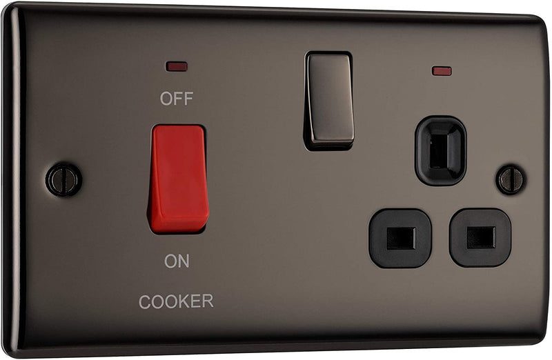 BG Nexus Metal 45 Amp DP Cooker Switch with Socket & Neon in Black Nickel with Black Inserts - NBN70B-01