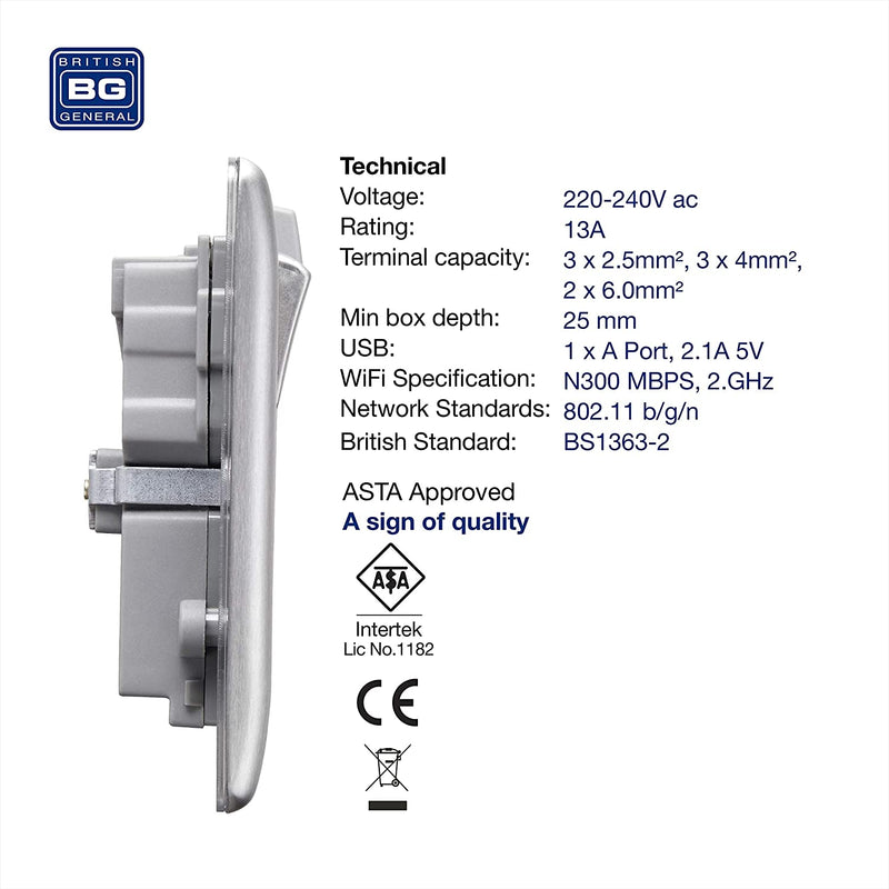 BG USB Wifi Double Socket in Brushed Steel with Grey Insert - NBS22UWRG−01