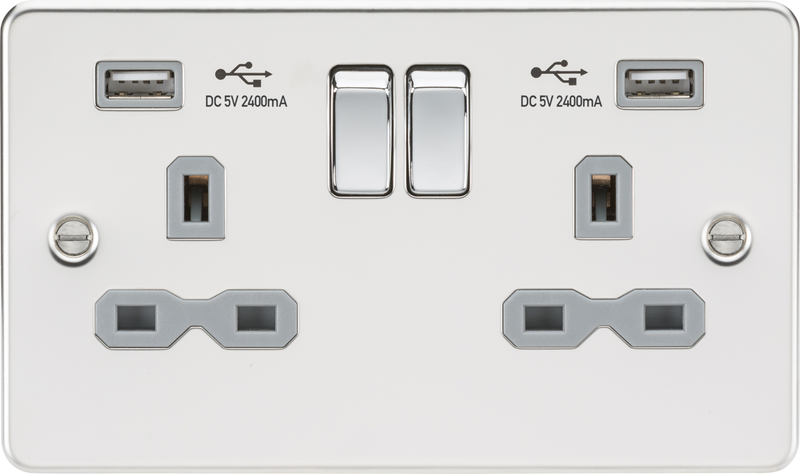 ML Flat Plate 13A 2 Gang Switched Double Socket With Dual USB Charger (2.4A) - Polished Chrome With Grey Insert