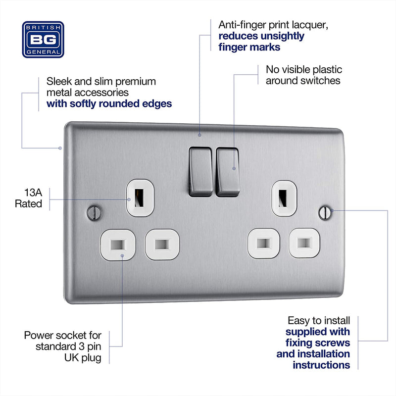 BG Nexus Metal Double Socket in Brushed Steel with White Inserts - NBS22W-01