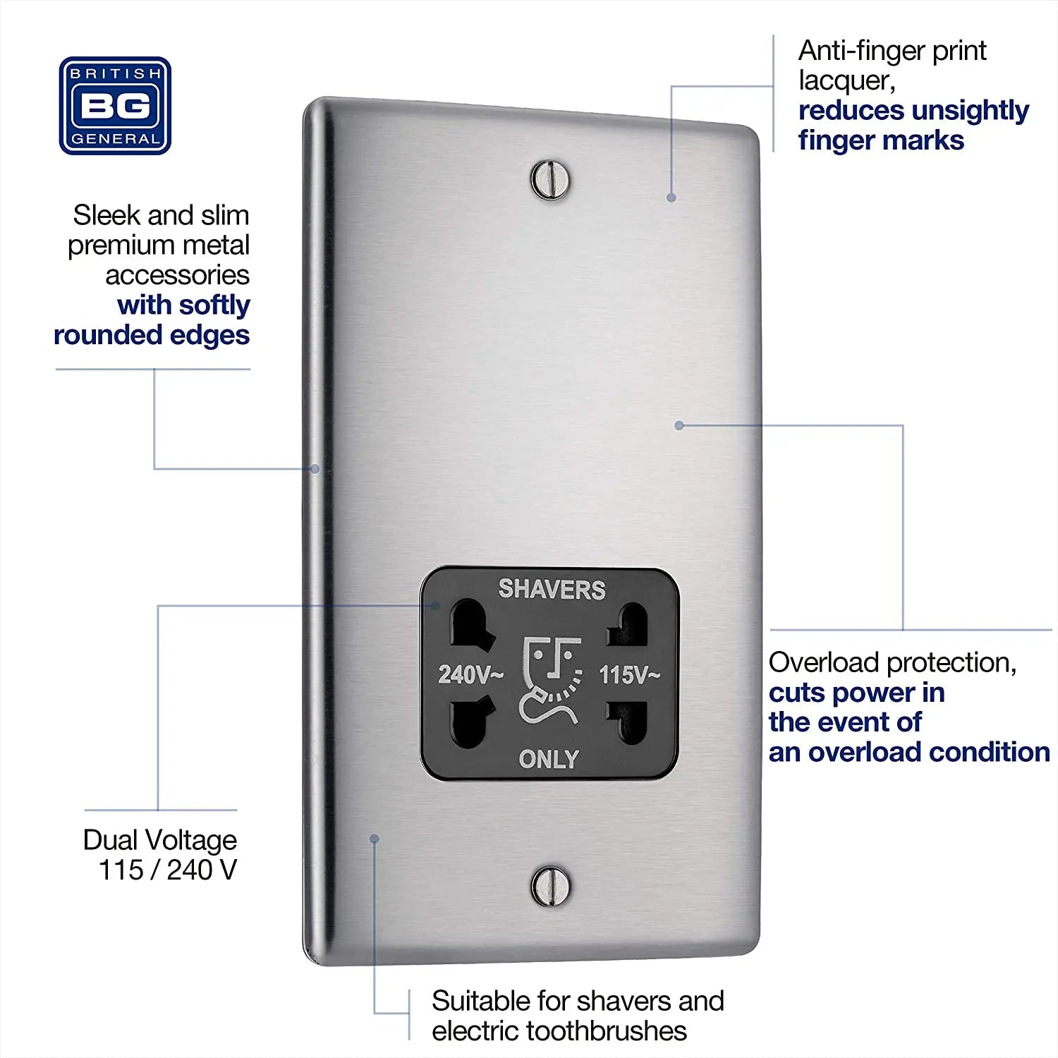 BG Nexus Metal Dual Voltage Shaver Socket in Brushed Steel with Black Inserts - NBS20B-01 BG (British General)
