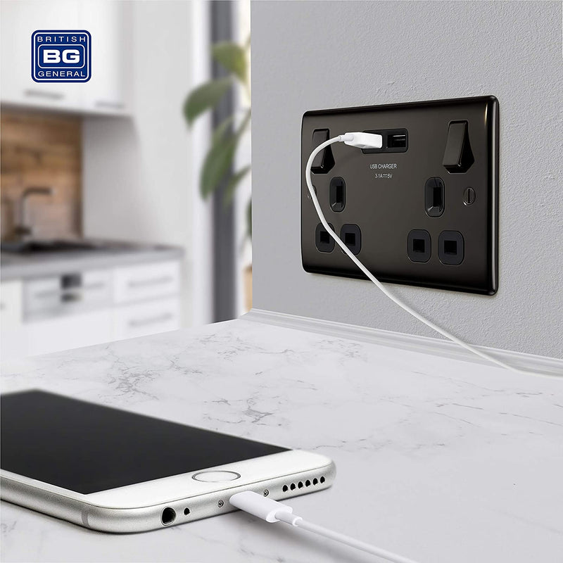 BG Electrical Nexus Metal USB Double Switched Socket Fast Charging Power with Two USB Charging Ports in Black Nickel with Black Inserts - NBN22U3B