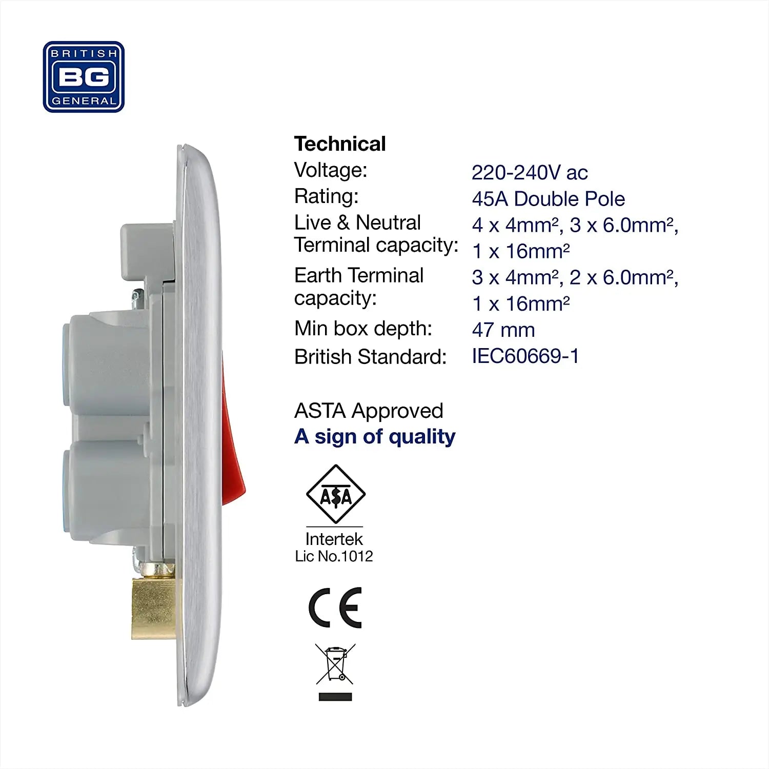 BG Nexus Metal 45 Amp Small DP Switch with Neon in Brushed Steel - NBS74-01 BG (British General)
