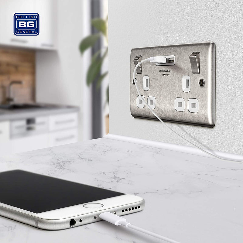 BG Nexus Metal USB Double Socket in Brushed Steel with White Inserts - NBS22U3W-01