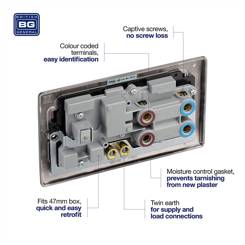 BG Nexus Metal 45 Amp DP Cooker Switch with Socket & Neon in Black Nickel with Black Inserts - NBN70B-01