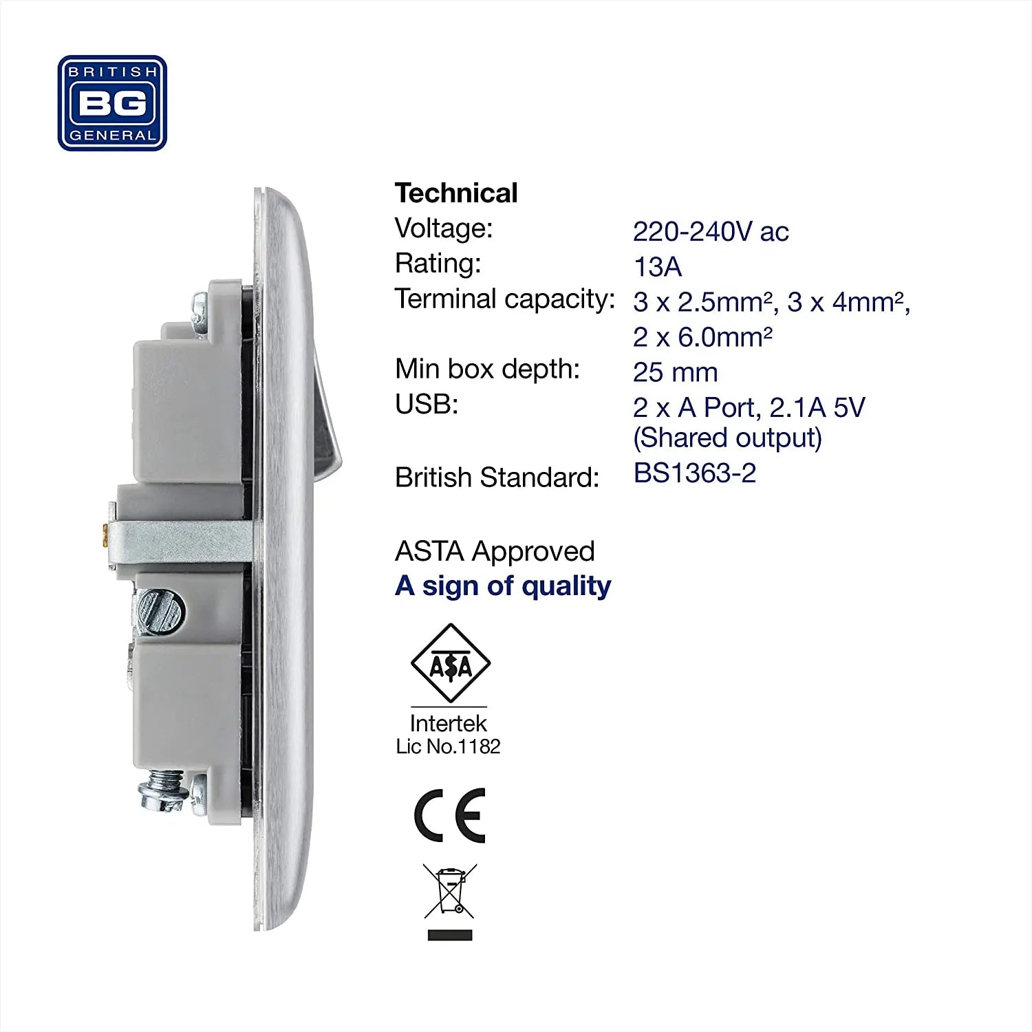 BG Nexus Metal USB Single Socket in Brushed Steel with Black Inserts - NBS21U2B-01 BG (British General)