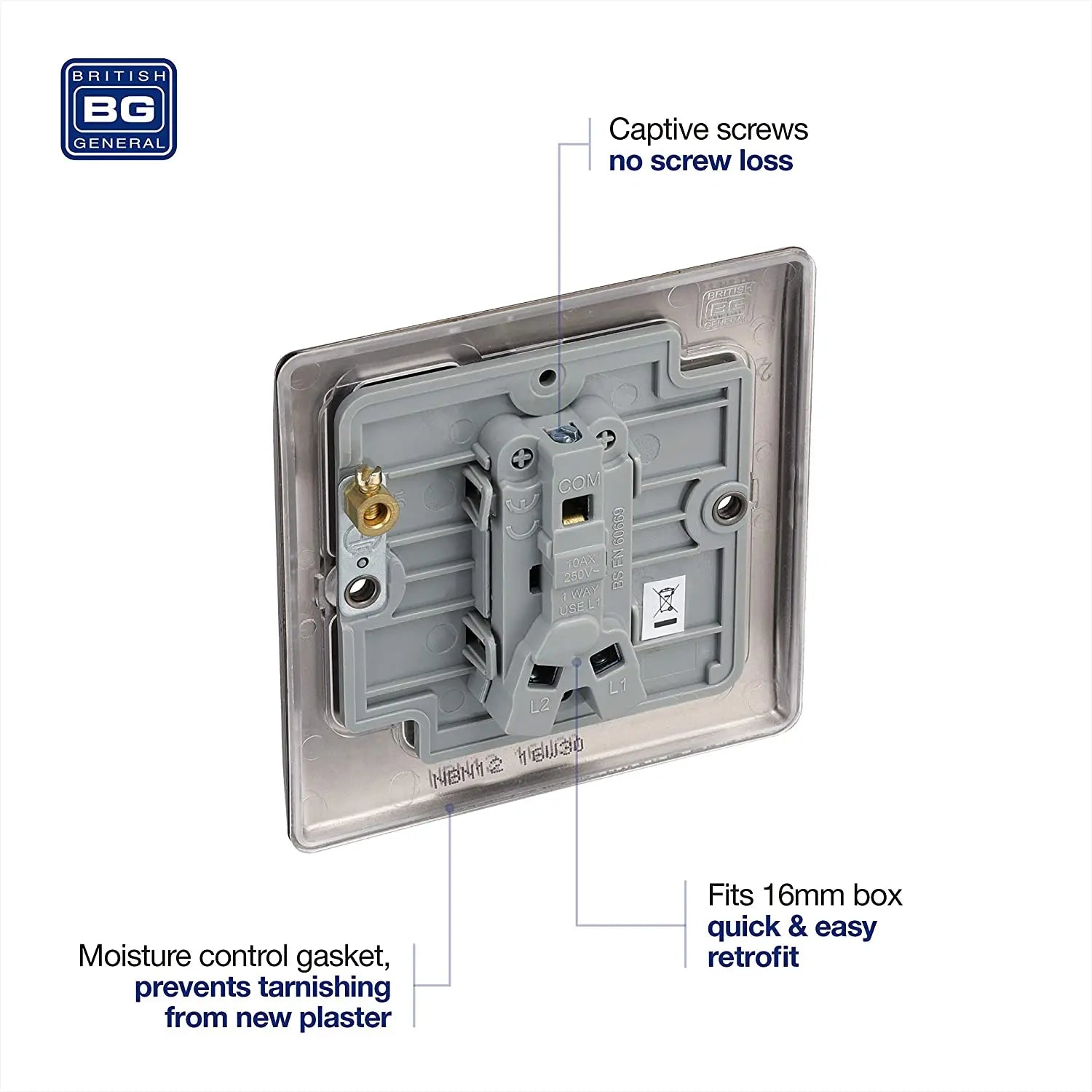 BG Nexus NBN12 Metal 1 Gang Switch in Black Nickel BG (British General)
