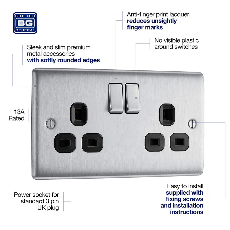 BG Nexus Metal Double Socket in Brushed Steel with Black Inserts - NBS22B-01