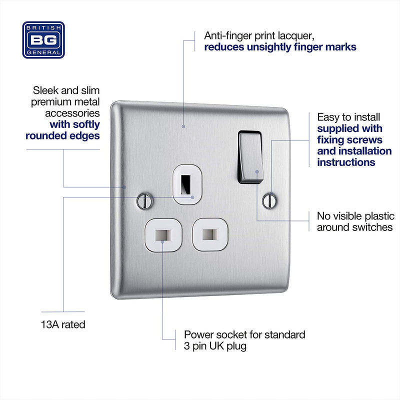 BG Nexus Metal Single Socket in Brushed Steel with White Inserts - NBS21W-01