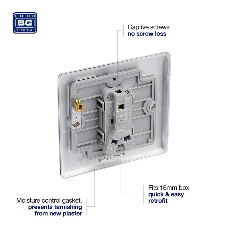 BG Nexus Metal 1 Gang Light Switch in Brushed Steel - NBS12-01