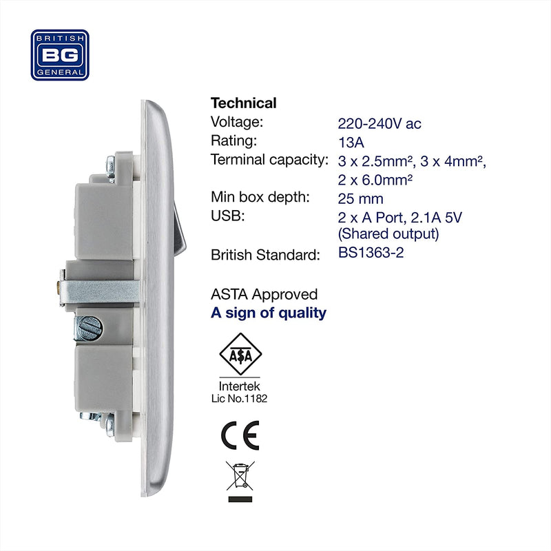 BG Nexus Metal USB Single Socket in Brushed Steel with White Inserts - NBS21U2W-01