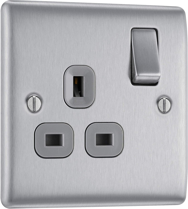 BG Nexus Metal Single Socket in Brushed Steel with Grey Inserts - NBS21G-01