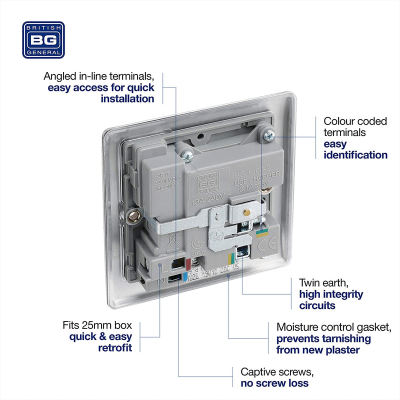 BG Nexus Metal Fast Charging Switched Single Socket with Two Charging USB Ports in Brushed Steel with Grey Inserts - NBS21U2G-01