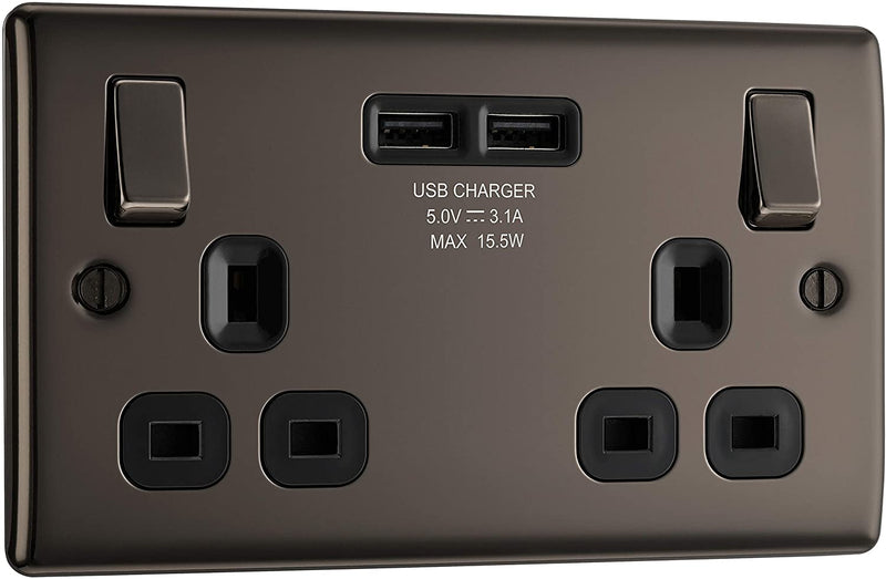 BG Electrical Nexus Metal USB Double Switched Socket Fast Charging Power with Two USB Charging Ports in Black Nickel with Black Inserts - NBN22U3B