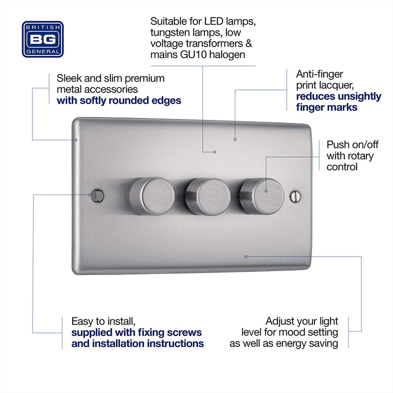 BG Nexus Metal 3 Gang Dimmer Switch in Brushed Steel - NBS83-01