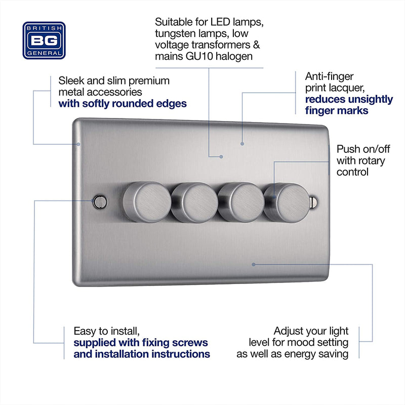 BG Nexus Metal 4 Gang Dimmer Switch in Brushed Steel - NBS84-01