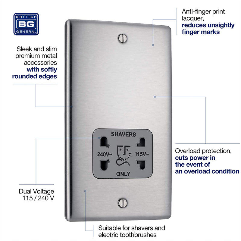 BG Nexus Metal Dual Voltage Shaver Socket in Brushed Steel with Grey Inserts - NBS20G-01