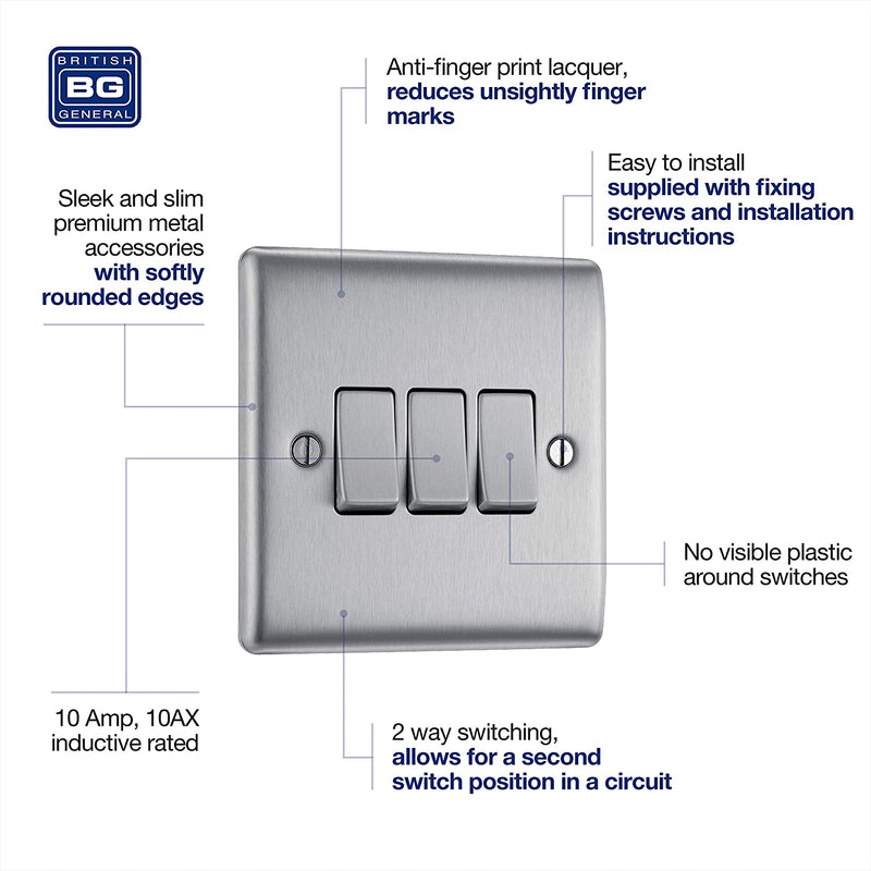 BG Nexus Metal 3 Gang Switch in Brushed Steel - NBS43-01