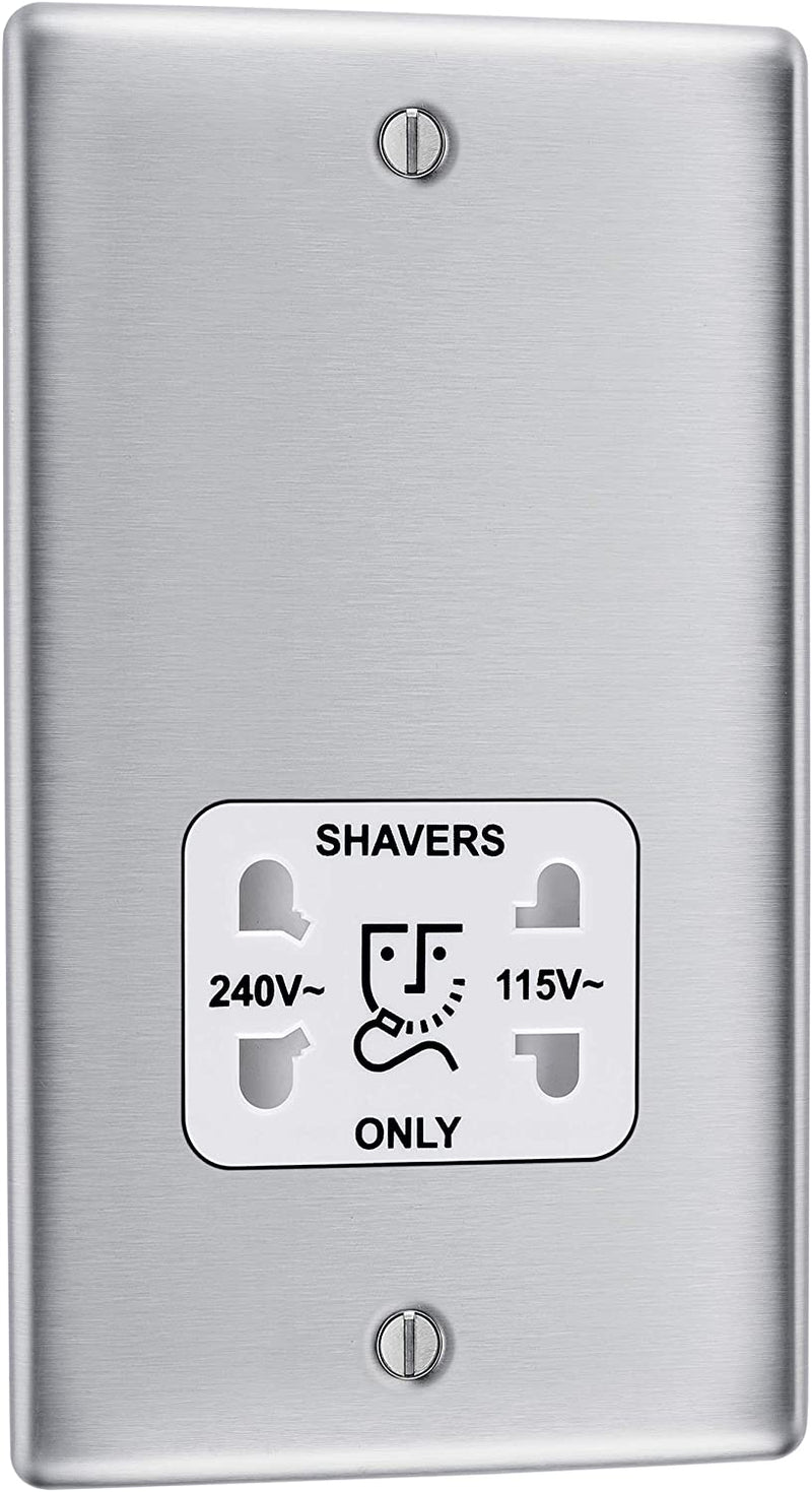 BG Nexus Metal Dual Voltage Shaver Socket in Brushed Steel with White Inserts - NBS20W-01