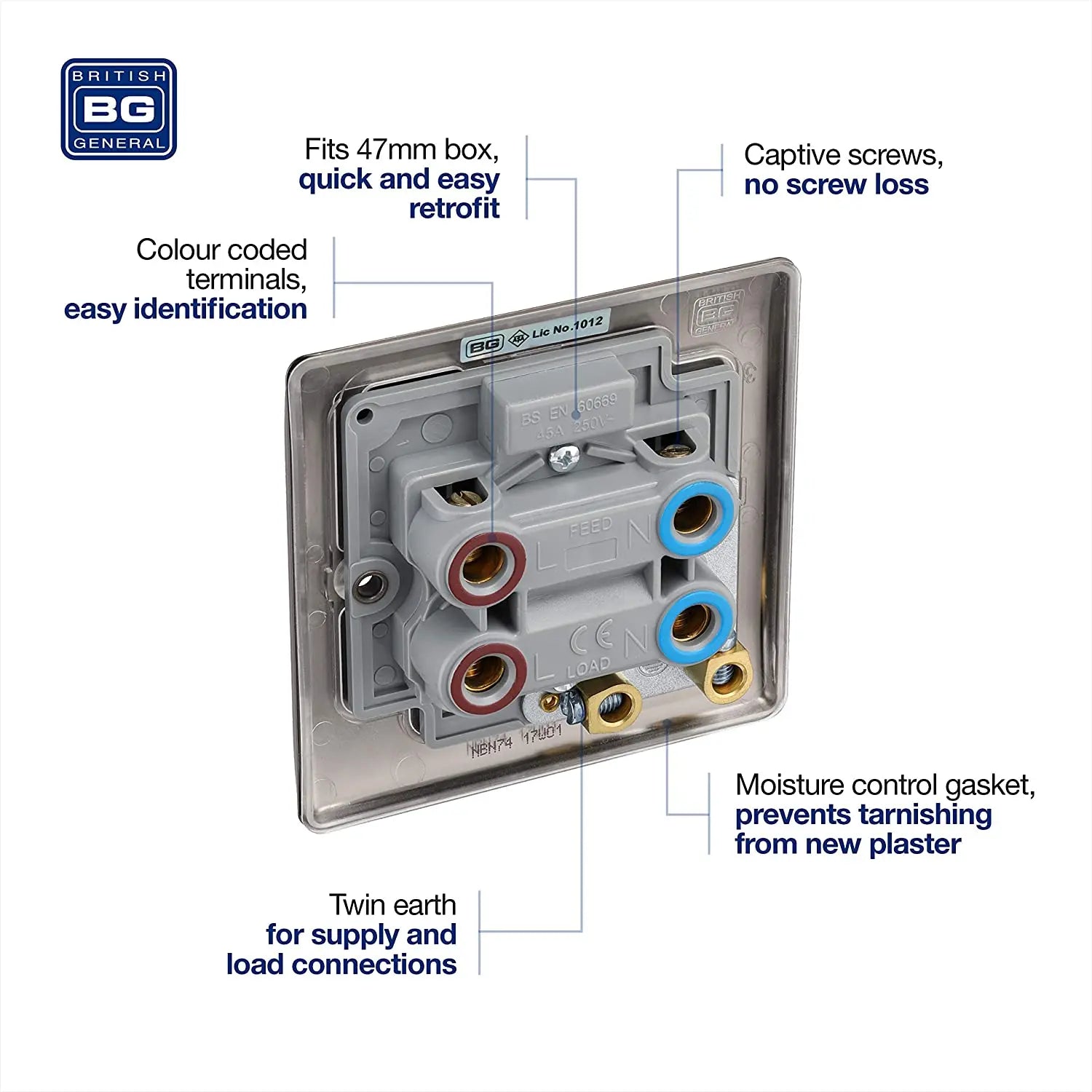 BG Nexus Metal 45 Amp Small DP Switch with Neon in Black Nickel - NBN74-01 BG (British General)