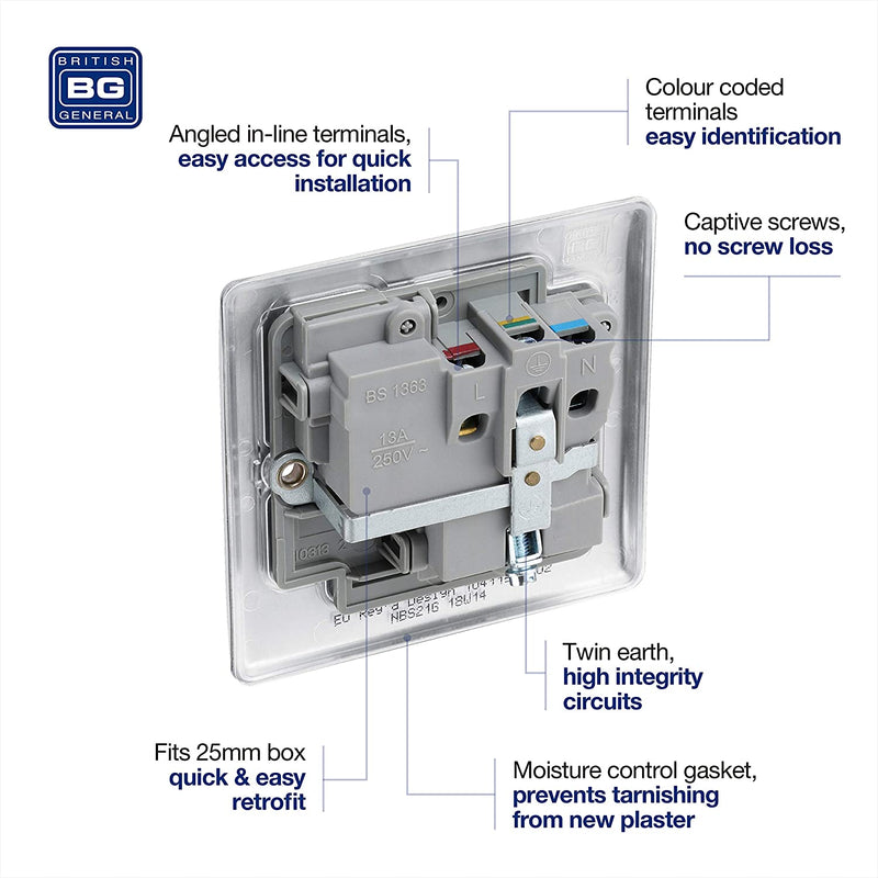 BG Nexus Metal Single Socket in Brushed Steel with Grey Inserts - NBS21G-01