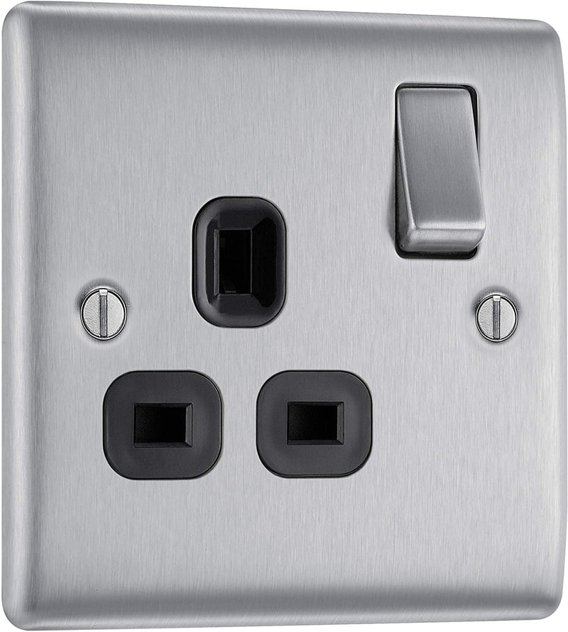 BG Nexus Metal Single Socket in Brushed Steel with Black Inserts - NBS21B-01