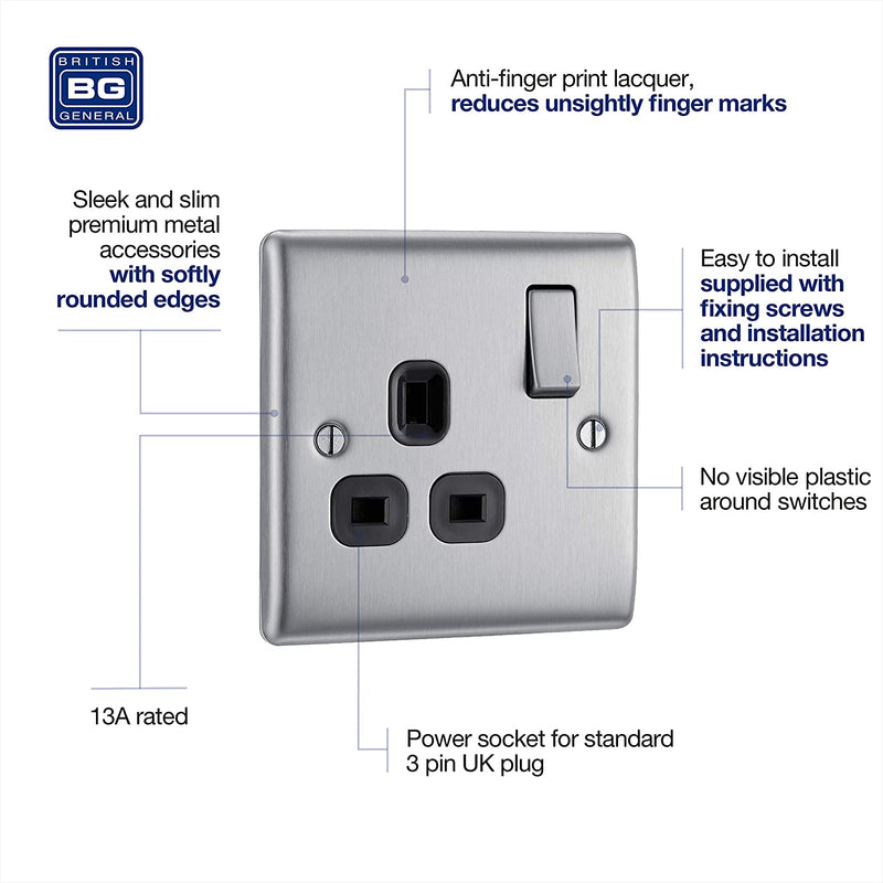 BG Nexus Metal Single Socket in Brushed Steel with Black Inserts - NBS21B-01