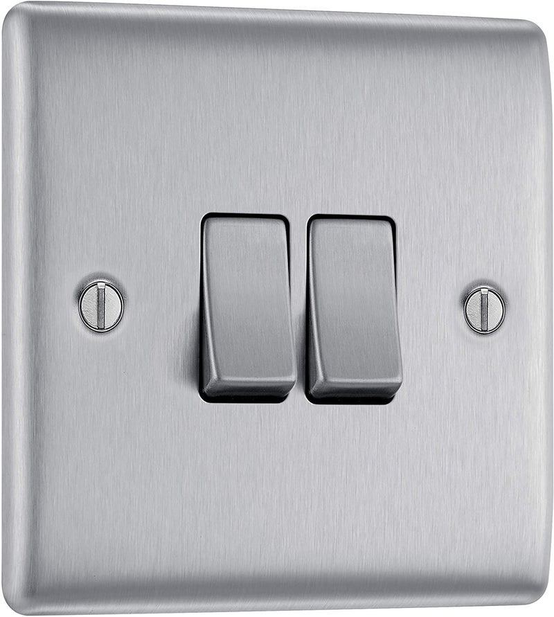 BG Nexus Metal 2 Gang Light Switch in Brushed Steel - NBS42-01