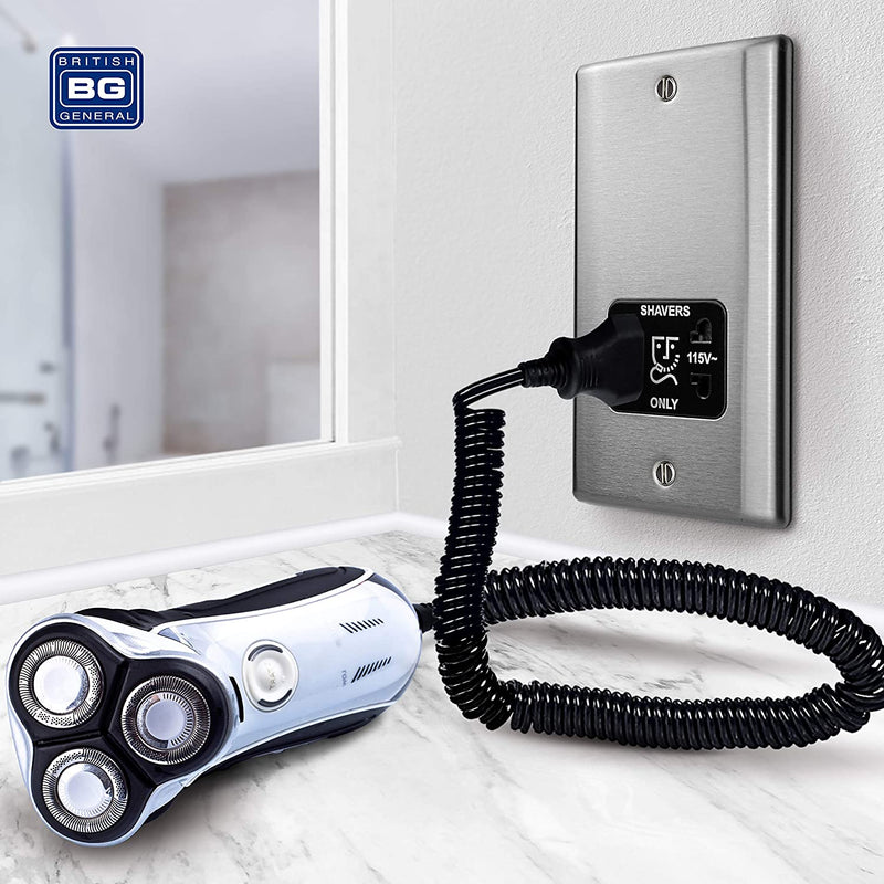 BG Nexus Metal Dual Voltage Shaver Socket in Brushed Steel with Black Inserts - NBS20B-01