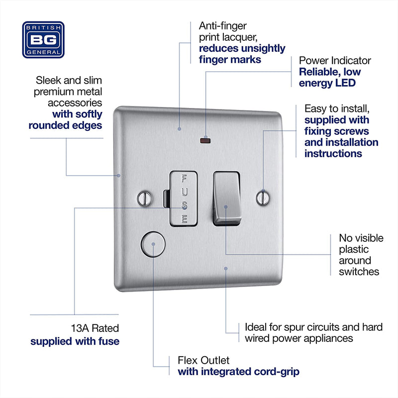 BG Nexus Metal Switched Fused Spur with Flex Outlet & Neon in Brushed Steel - NBS53-01