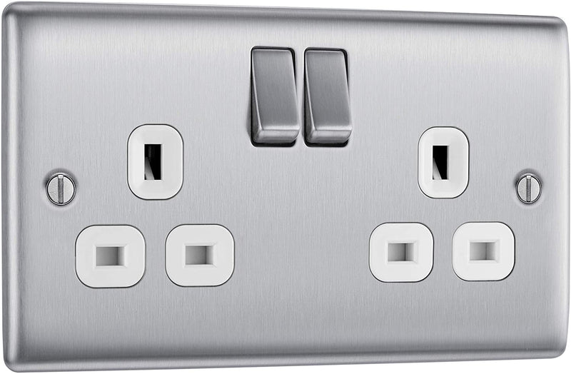 BG Nexus Metal Double Socket in Brushed Steel with White Inserts - NBS22W-01