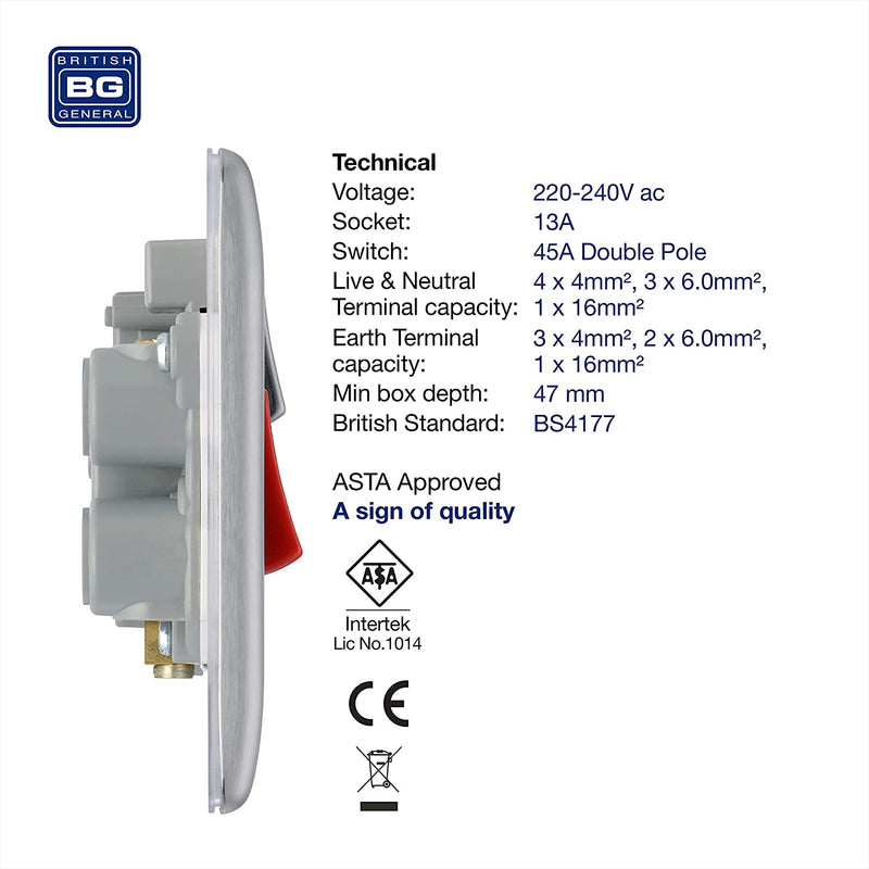 BG Nexus Metal 45 Amp DP Cooker Switch with Socket & Neon in Brushed Steel with White Inserts - NBS70W-01