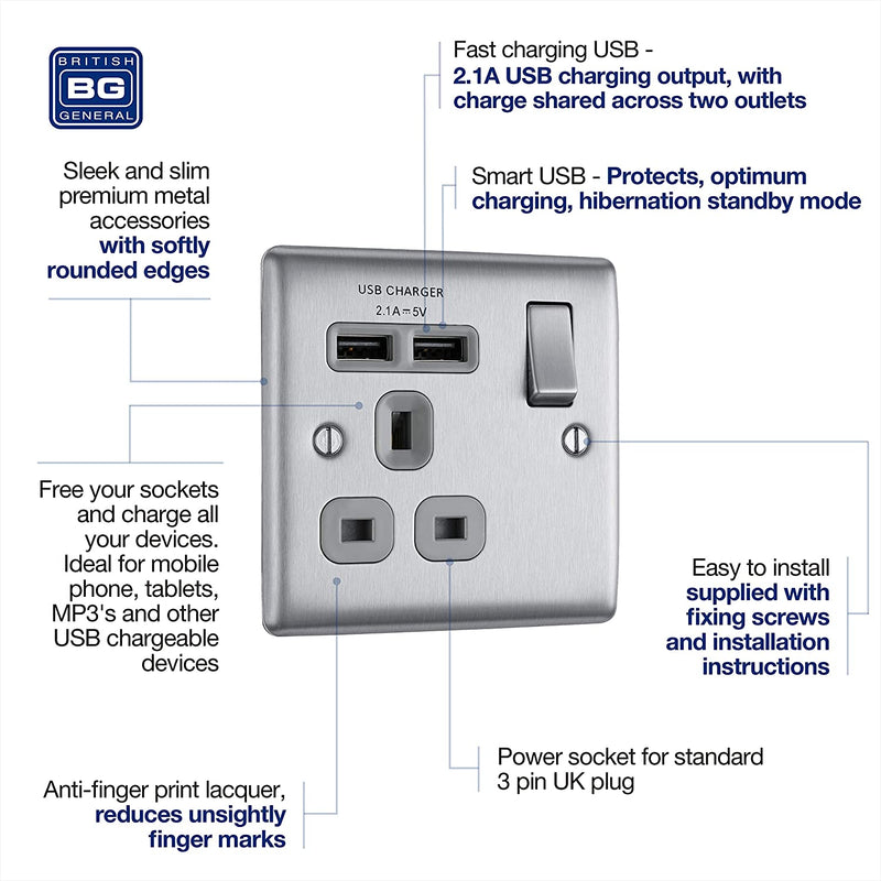 BG Nexus Metal Fast Charging Switched Single Socket with Two Charging USB Ports in Brushed Steel with Grey Inserts - NBS21U2G-01