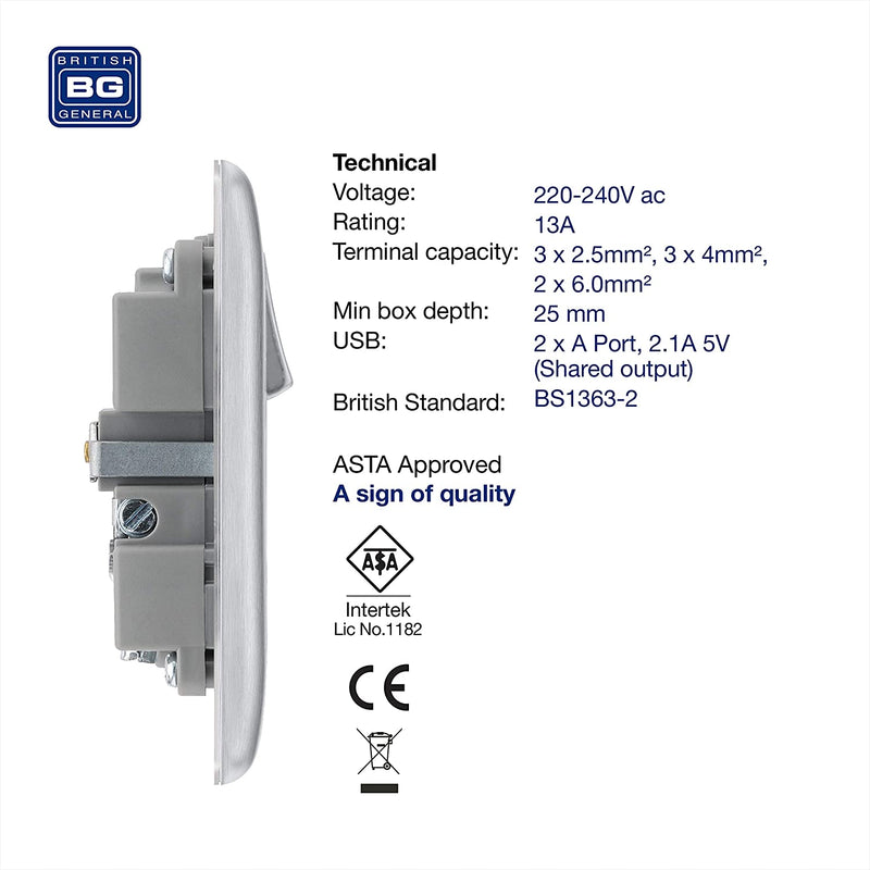 BG Nexus Metal Fast Charging Switched Single Socket with Two Charging USB Ports in Brushed Steel with Grey Inserts - NBS21U2G-01