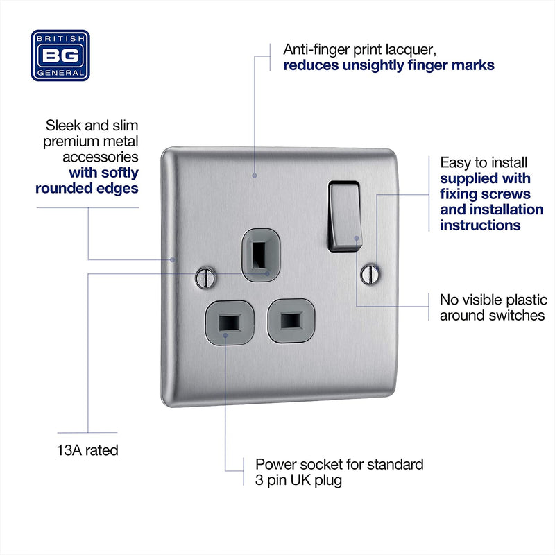 BG Nexus Metal Single Socket in Brushed Steel with Grey Inserts - NBS21G-01