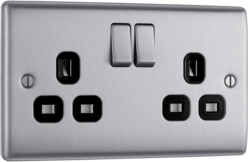 BG Nexus Metal Double Socket in Brushed Steel with Black Inserts - NBS22B-01