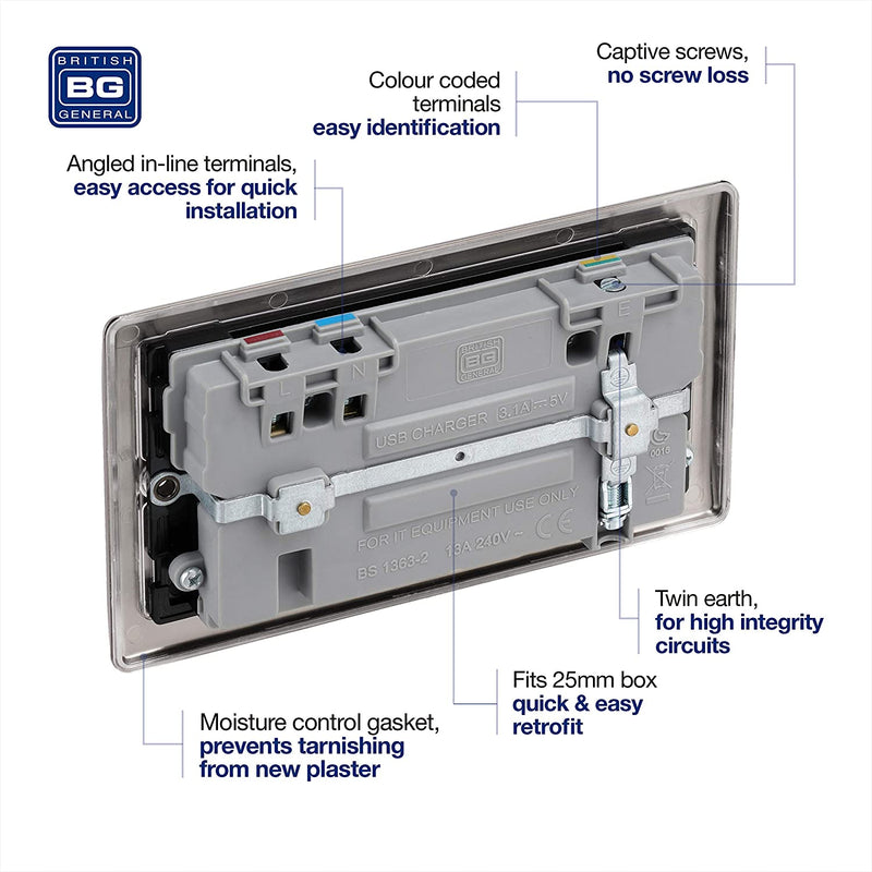 BG Electrical Nexus Metal USB Double Switched Socket Fast Charging Power with Two USB Charging Ports in Black Nickel with Black Inserts - NBN22U3B