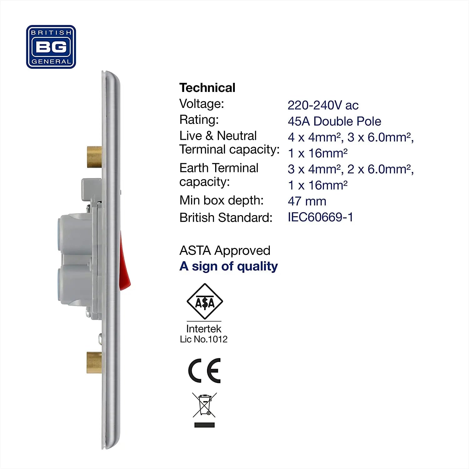 BG Nexus Metal 45 Amp Vertical DP Switch with Neon in Brushed Steel - NBS72-01 BG (British General)