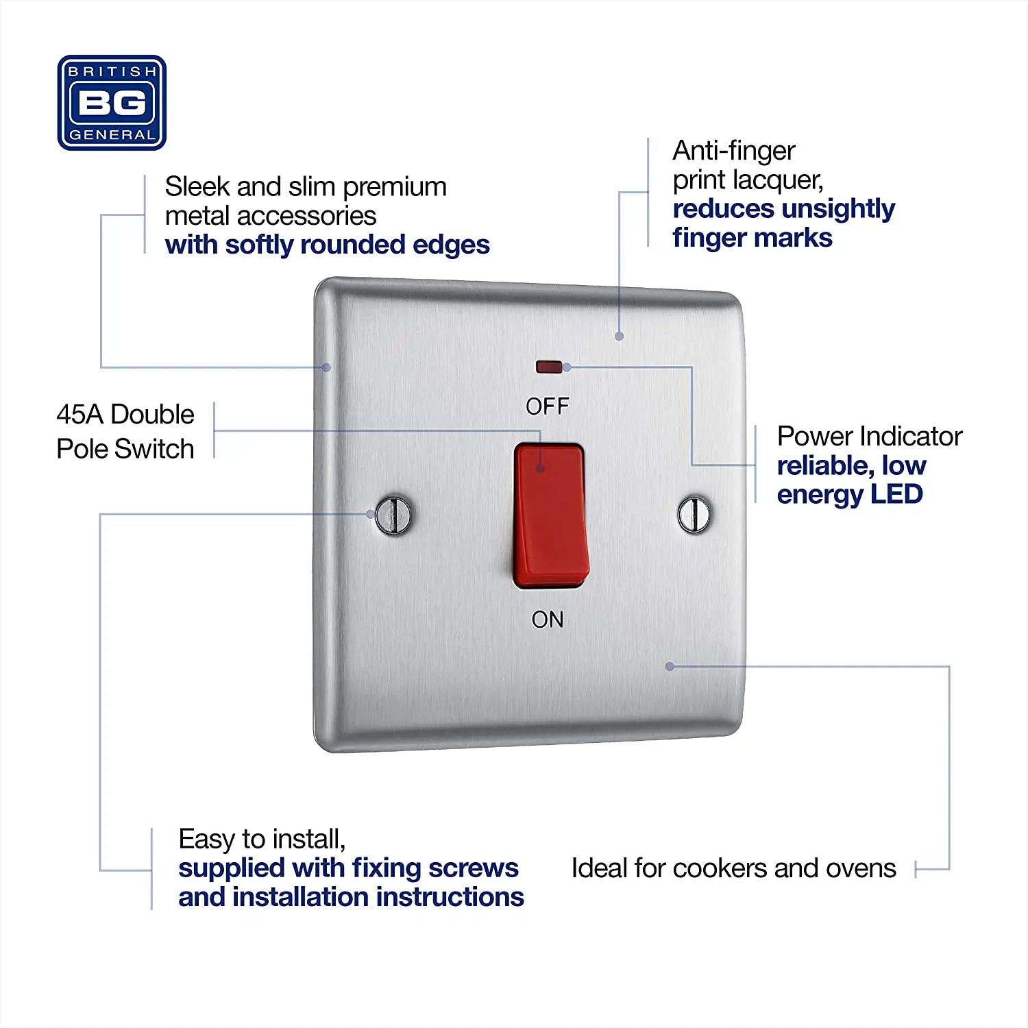 BG Nexus Metal 45 Amp Small DP Switch with Neon in Brushed Steel - NBS74-01 BG (British General)