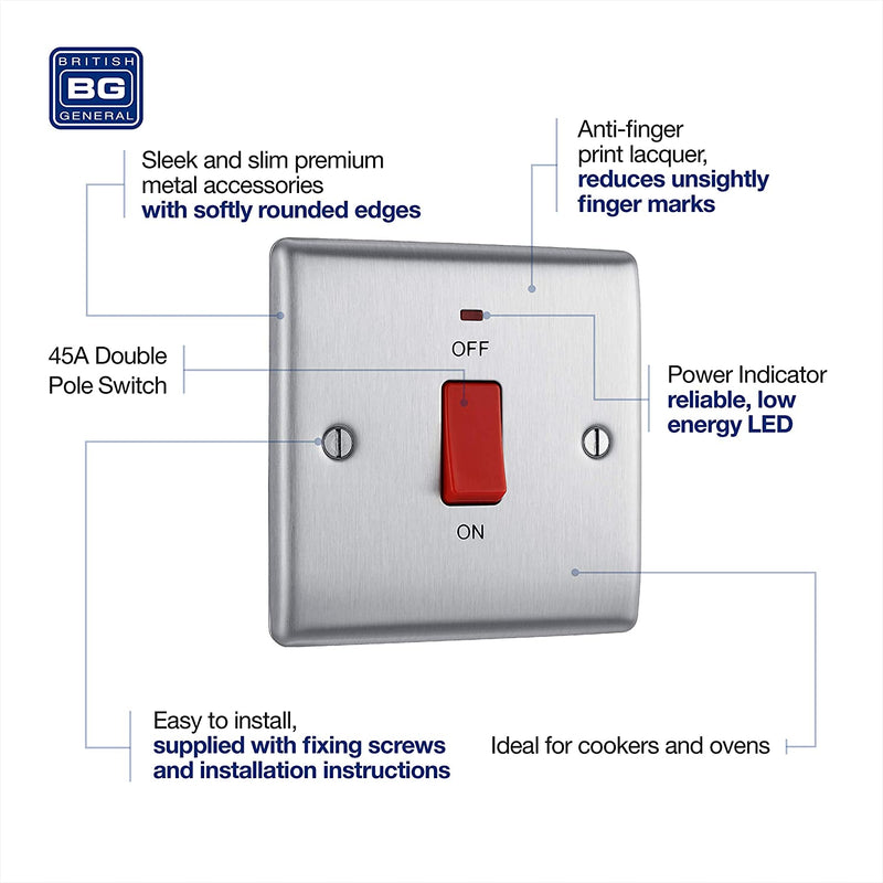 BG Nexus Metal 45 Amp Small DP Switch with Neon in Brushed Steel - NBS74-01