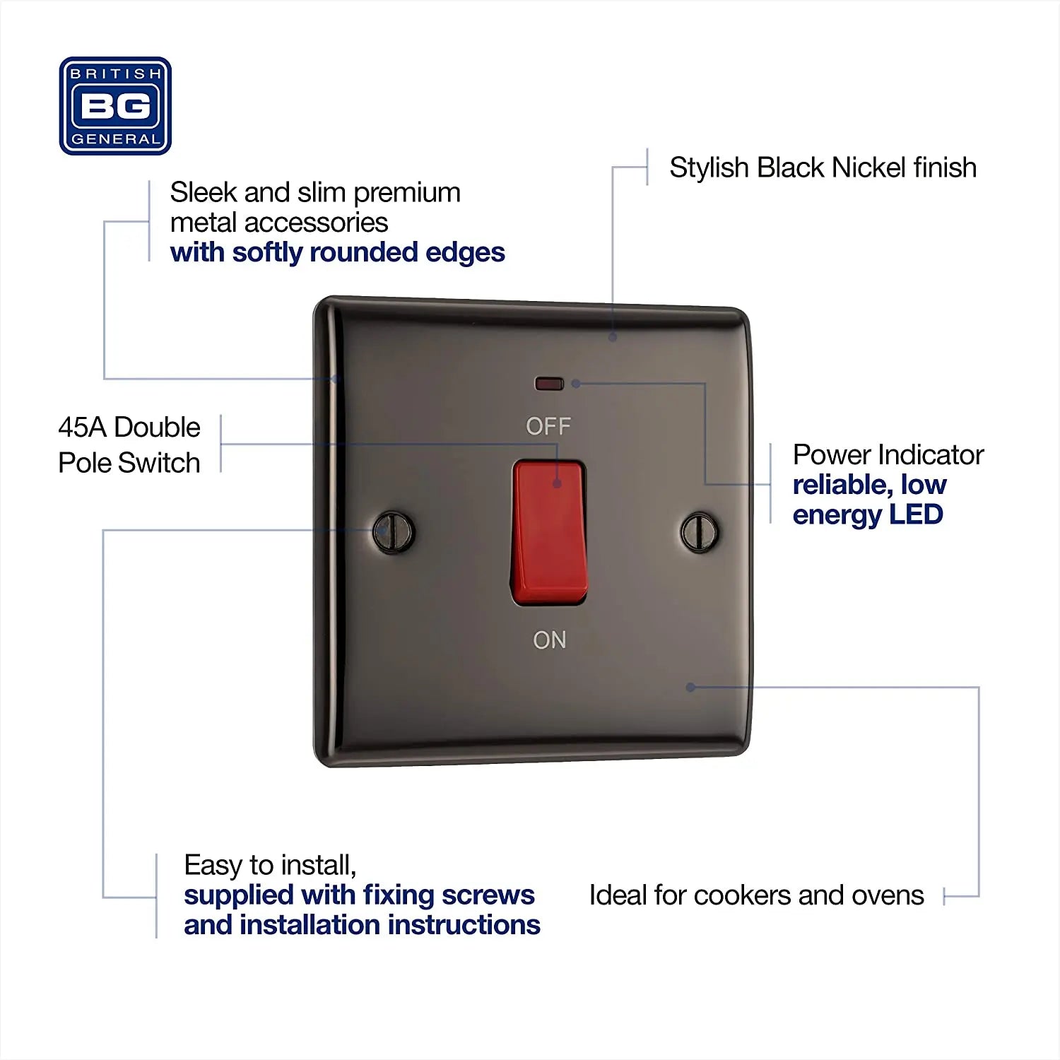 BG Nexus Metal 45 Amp Small DP Switch with Neon in Black Nickel - NBN74-01 BG (British General)